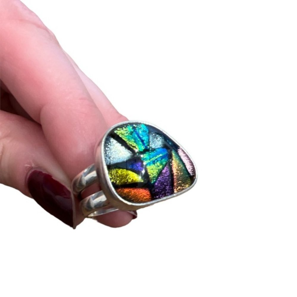 Sterling silver multicolor fused glass ring Size 8 - Picture 3 of 4
